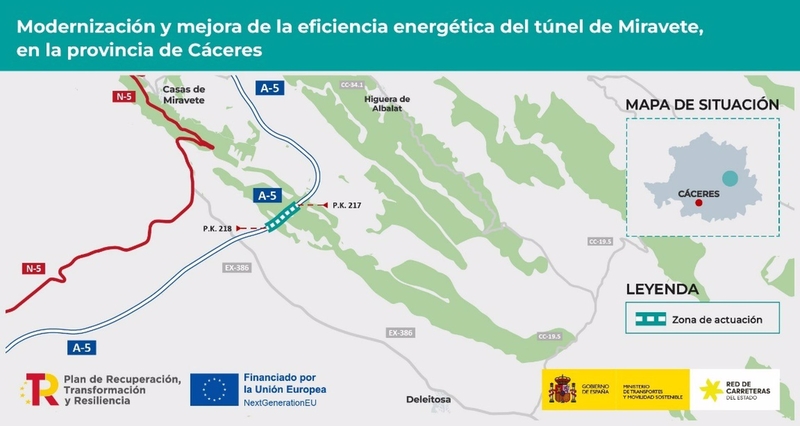 El Ministerio de Transportes adjudica por 2,4 millones las obras de modernización del túnel de Miravete en la A-5